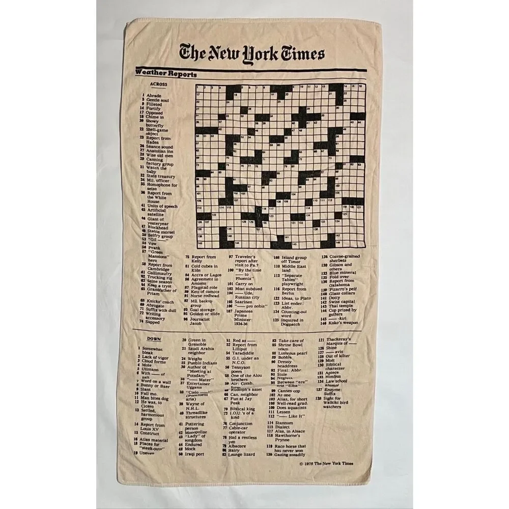 Vintage 1978 The New York Times Crossword Puzzle Towel 100% Cotton Retro Kitsch